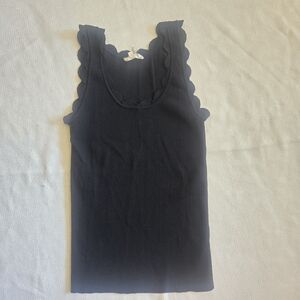 Scalloped Edge Ribbed Tank Top - Black